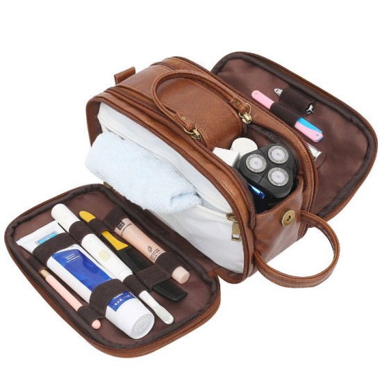 Sale Toiletry Bag for Men PU Leather Cosmetic Bags Large capacity shaving bag Leather Travel Organizer Kit