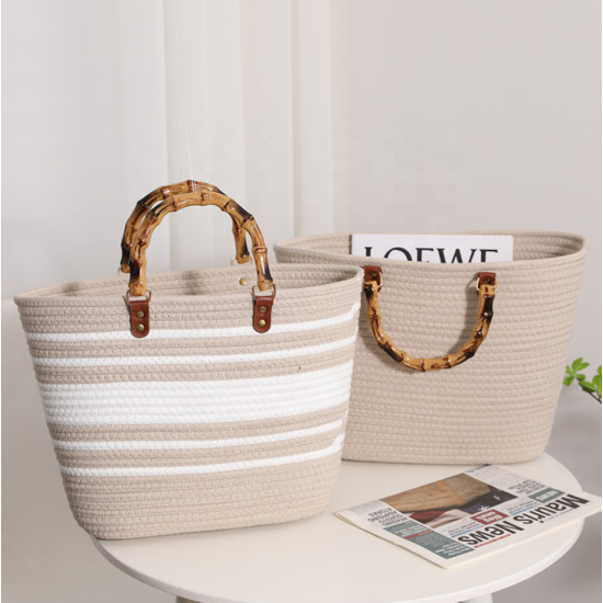 Wholesale New Shoulder Bags Tote Bag Mexico French Basket Straw Weave Beach Bags Women Striped Large Capacity Handbags