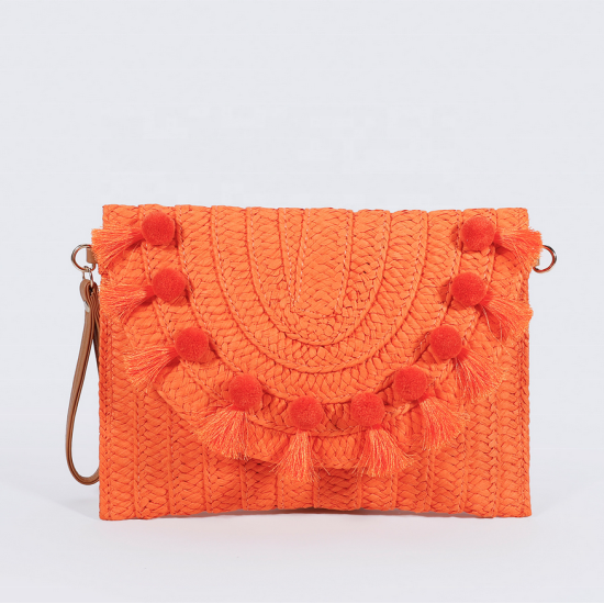 Straw Shoulder Bag Party Woven Crossbody Bags Ladies Beach Envelope Purse Small Clutch Bag Women's Clutches with Pom Pom