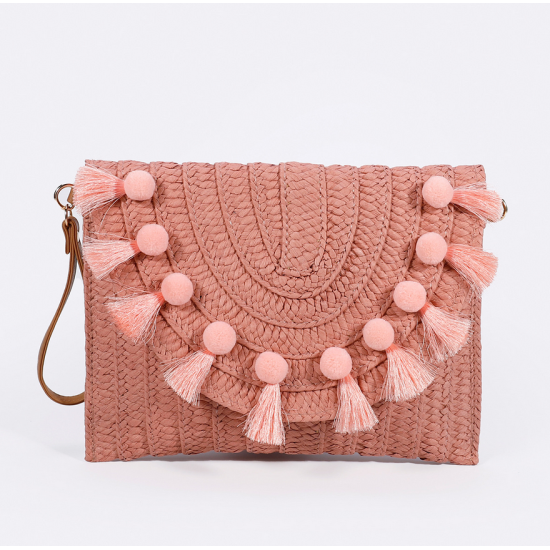 Straw Shoulder Bag Party Woven Crossbody Bags Ladies Beach Envelope Purse Small Clutch Bag Women's Clutches with Pom Pom