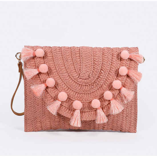 Straw Shoulder Bag Party Woven Crossbody Bags Ladies Beach Envelope Purse Small Clutch Bag Women's Clutches with Pom Pom