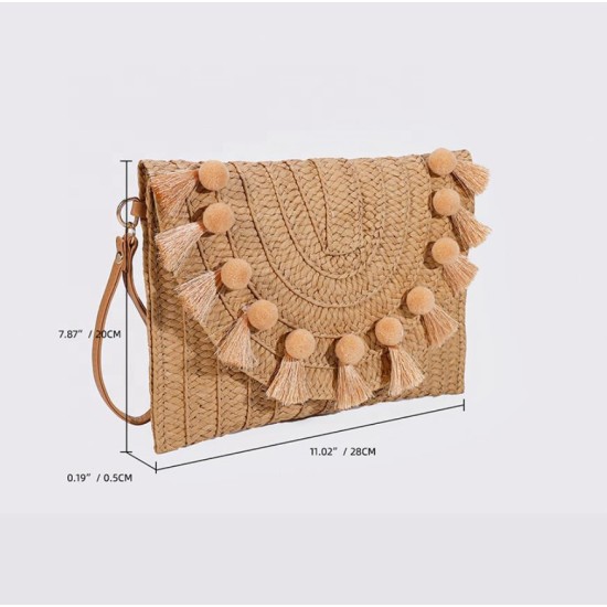 Straw Shoulder Bag Party Woven Crossbody Bags Ladies Beach Envelope Purse Small Clutch Bag Women's Clutches with Pom Pom