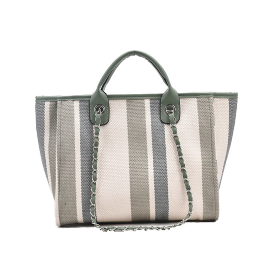Selling Canvas Striped Colorblock Tote Bag Women's Large Capacity Chain Shoulder Tote Bag