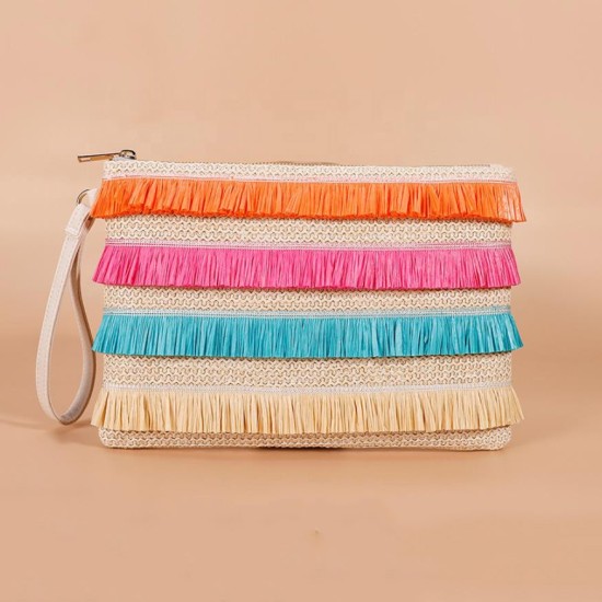 Style Colorful PP Straw Tassel Wristlet Hand Bag Bohemian Braided Rainbow Purse Envelope Bags Women's Clutches Bag