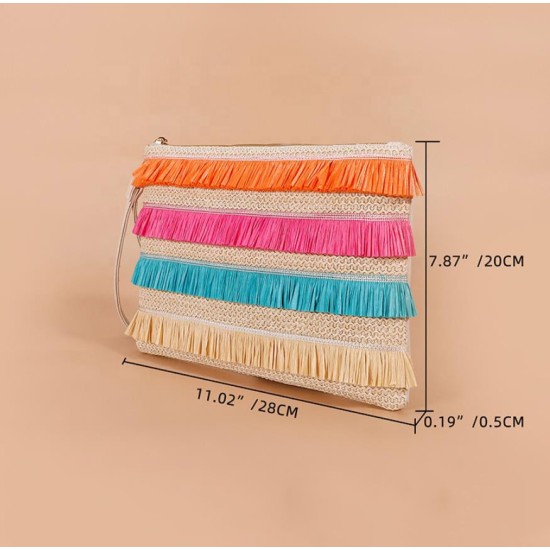 Style Colorful PP Straw Tassel Wristlet Hand Bag Bohemian Braided Rainbow Purse Envelope Bags Women's Clutches Bag