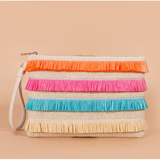 Style Colorful PP Straw Tassel Wristlet Hand Bag Bohemian Braided Rainbow Purse Envelope Bags Women's Clutches Bag